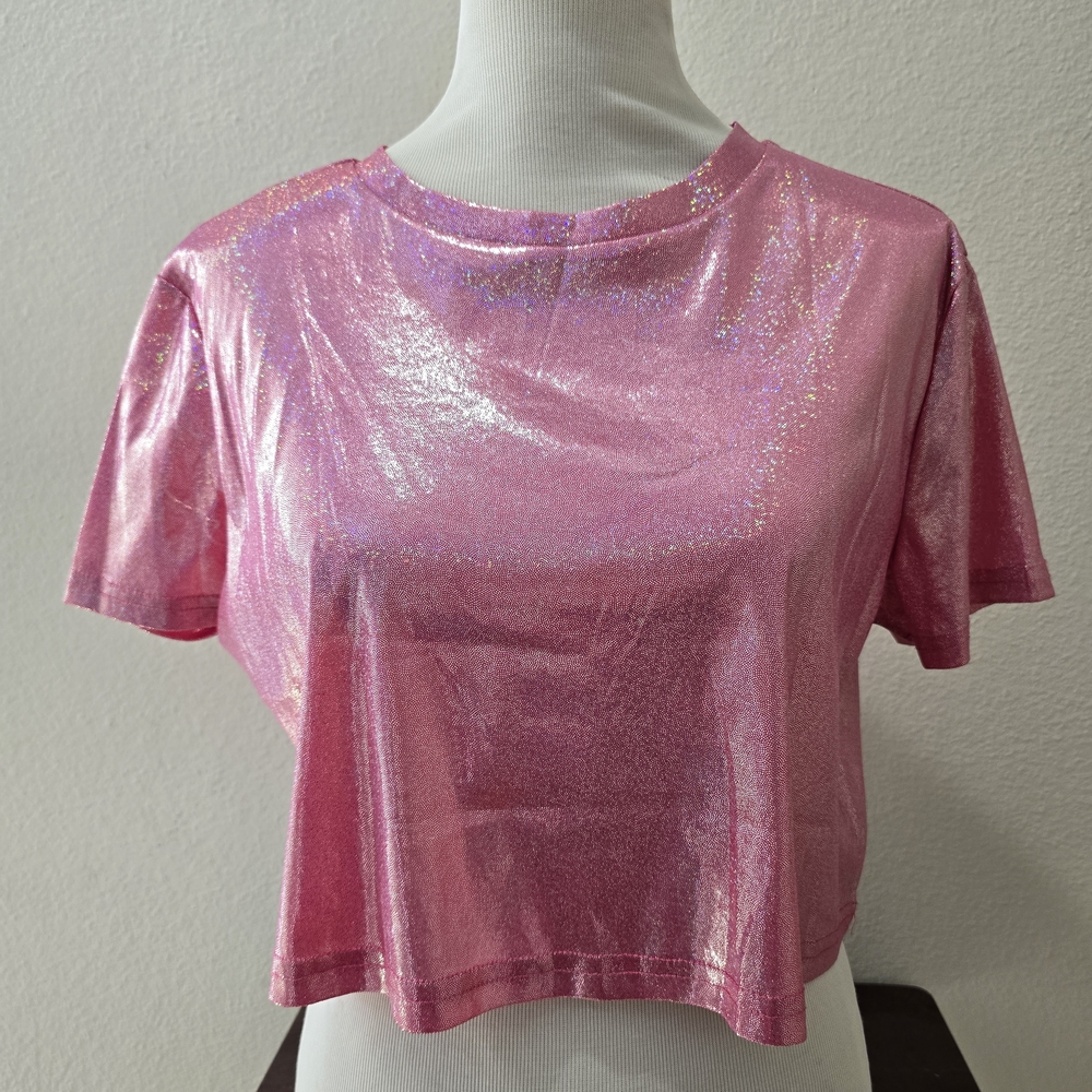 SHEIN Glittery Pink Short Sleeve Tee